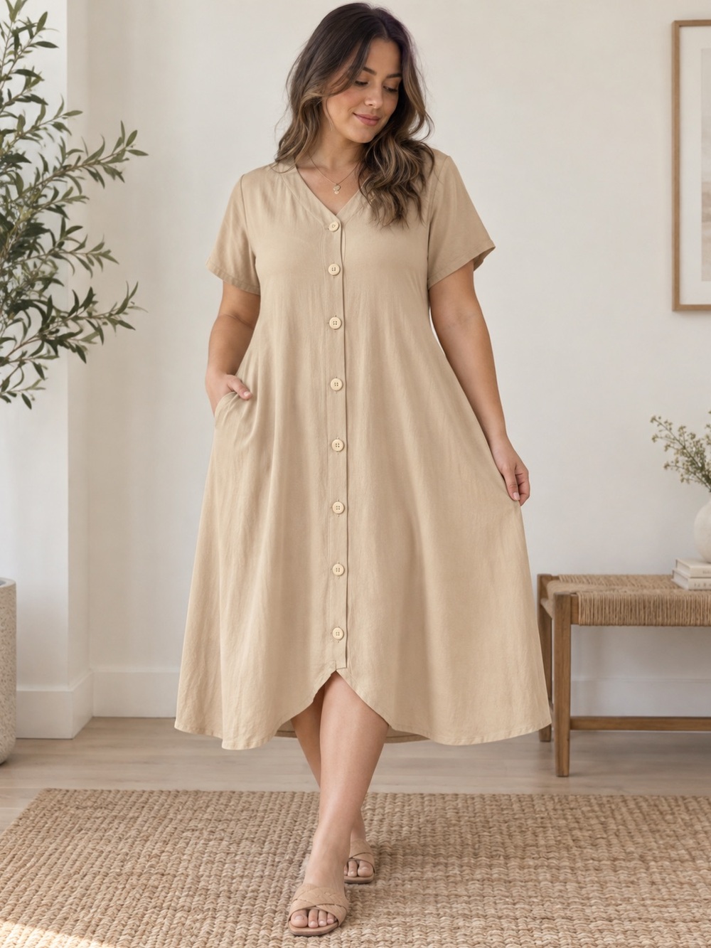MIEN The Weekender Button Front Midi Dress Light Sand L